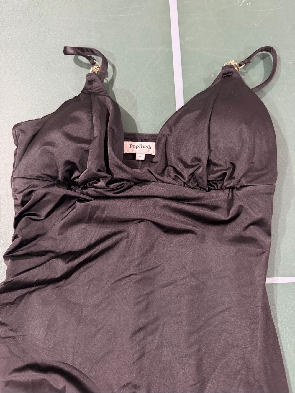 Popilush Black Satin Maxi Slip Dress with Adjustable Straps